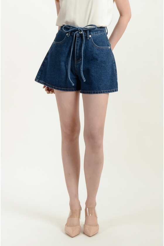 Aylin Bow Denim Shorts - Dark Blue