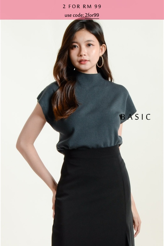 Zariah High Neck Knitted Top - Dark Grey