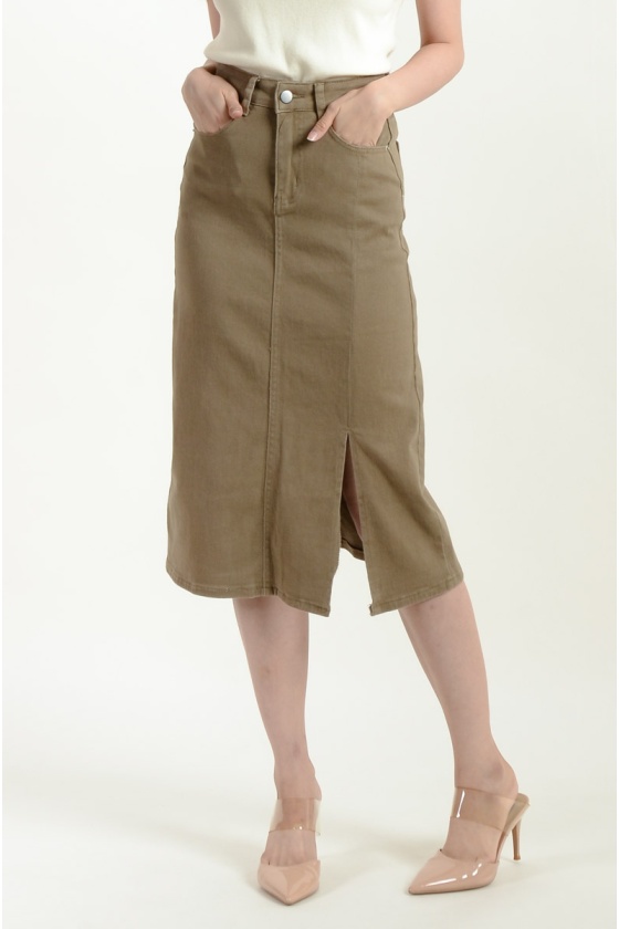 Serena Midi Straight Skirt - Khaki