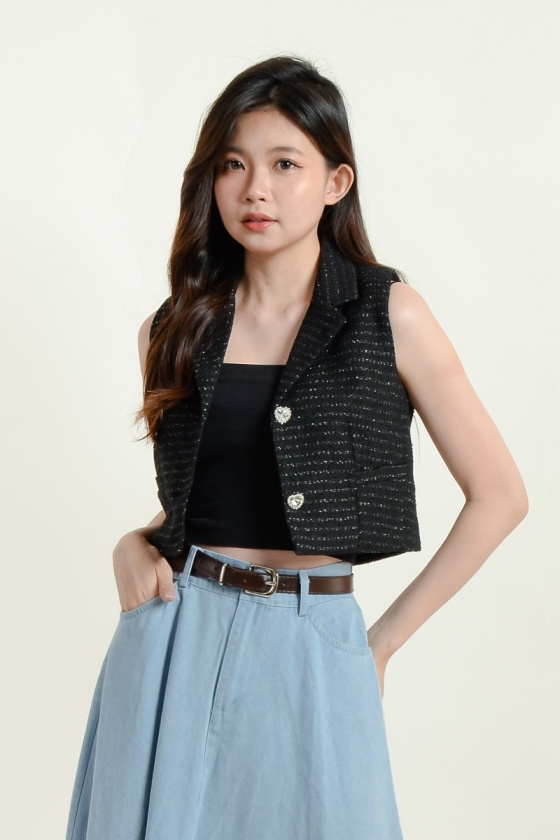 Daleyza Sleeveless Tweed Top - Black