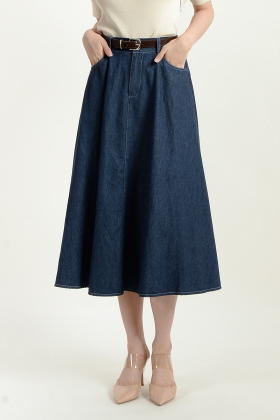 Kate Belted Denim Skirt - Dark Blue