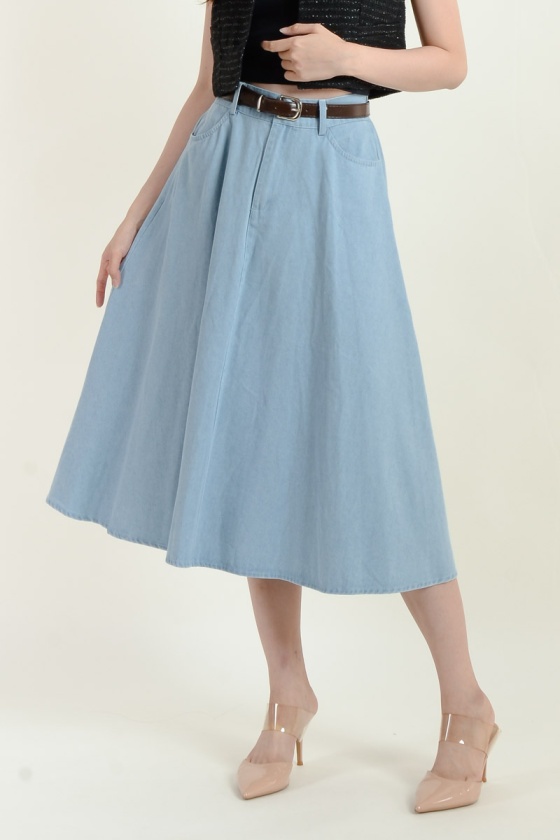 Kate Belted Denim Skirt - Light Blue