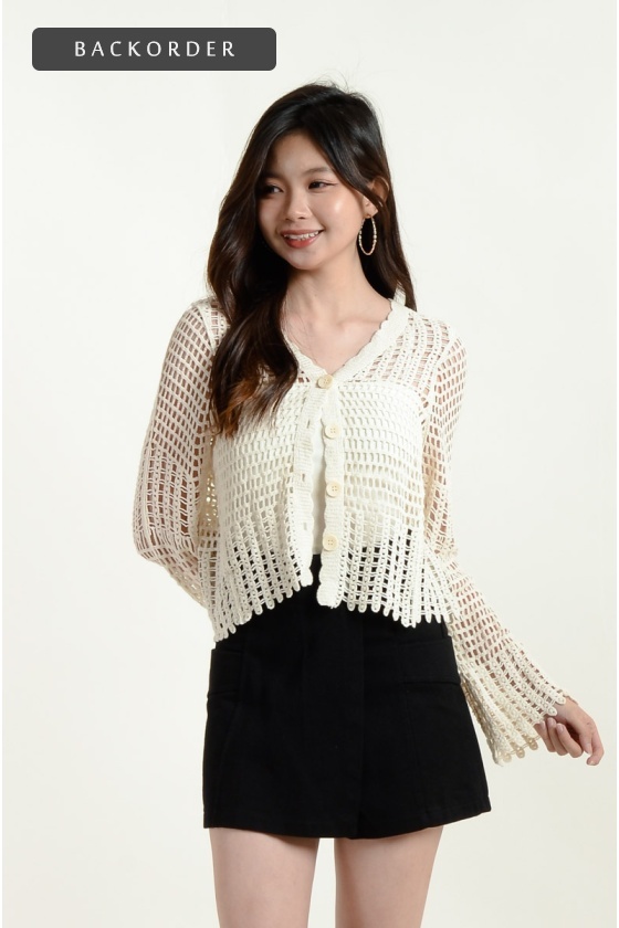 [BackOrder ETA 4 July] Camryn Crochet Flute Sleeve Top - Beige (free inner singlet)