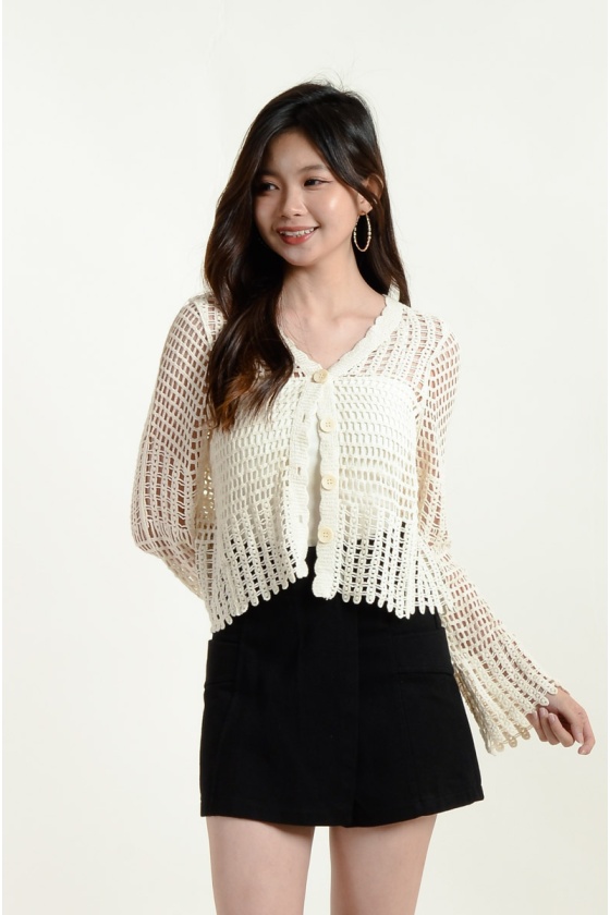 Camryn Crochet Flute Sleeve Top - Beige (free inner singlet)