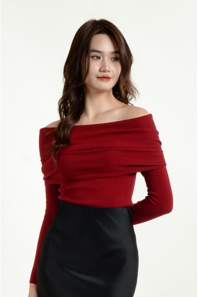 [3 for RM 99] Jolene Off Shoulder Knit Top - Wine