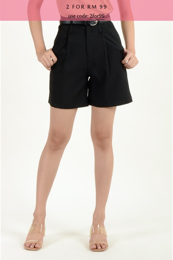 Cameron Round Belted Bermuda Shorts - Black