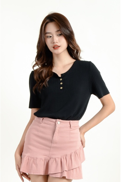 Jazlyn Button Knit Top - Black