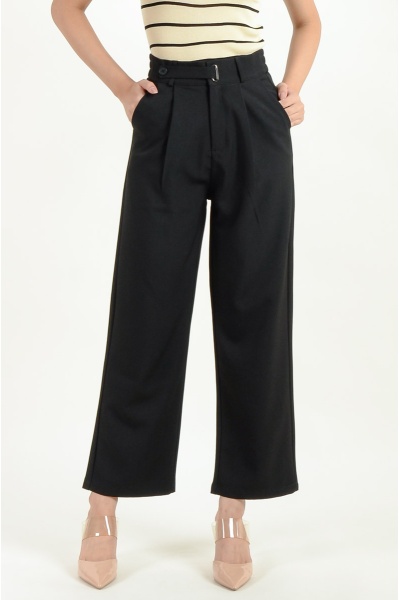 Gabrielle Buckle Palazzo Pants - Black