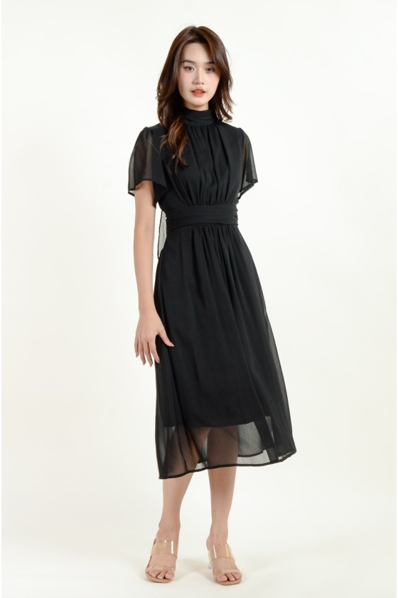 Alivia Chiffon Midi Dress - Black