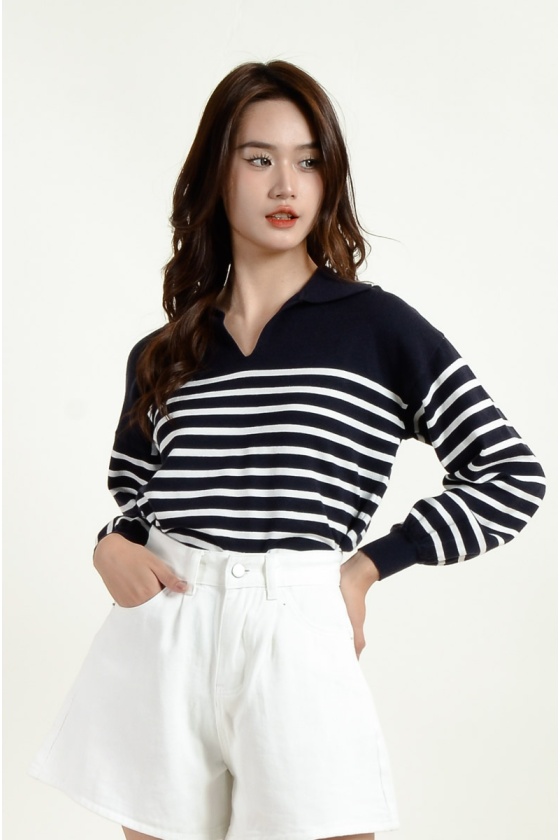 Maren V Neck Stripe Top - Blue