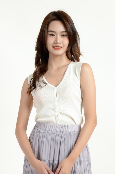 Oaklee Ruched Sleeveless Top - Beige