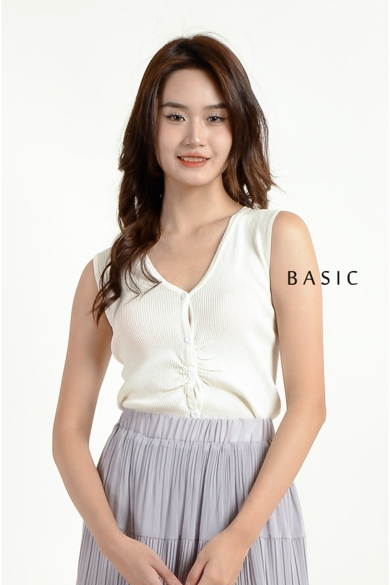 Oaklee Ruched Sleeveless Top - Beige