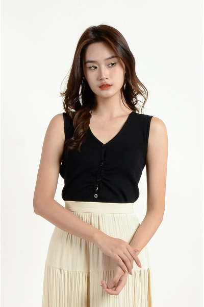 Oaklee Ruched Sleeveless Top - Black
