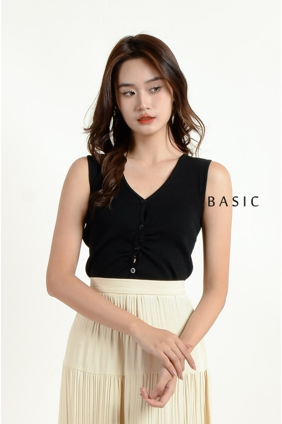 Oaklee Ruched Sleeveless Top - Black