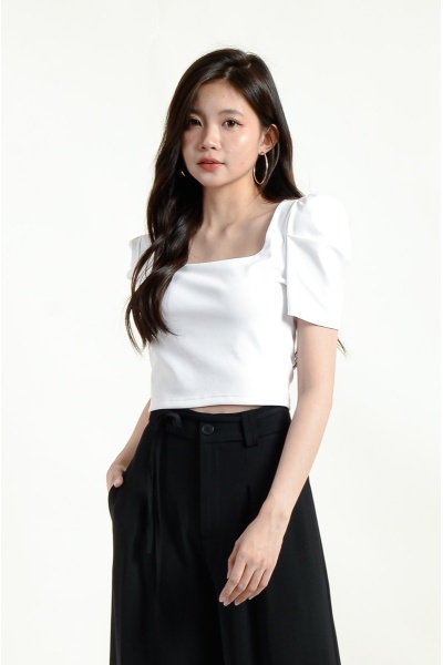 Dylan Puff Sleeve Crop Top - White