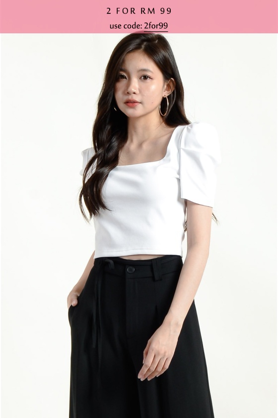 Dylan Puff Sleeve Crop Top - White