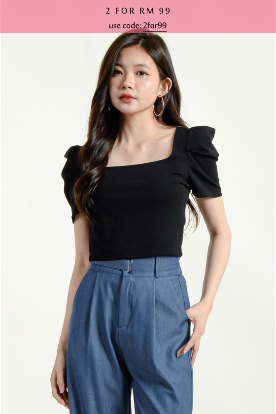 Dylan Puff Sleeve Crop Top - Black