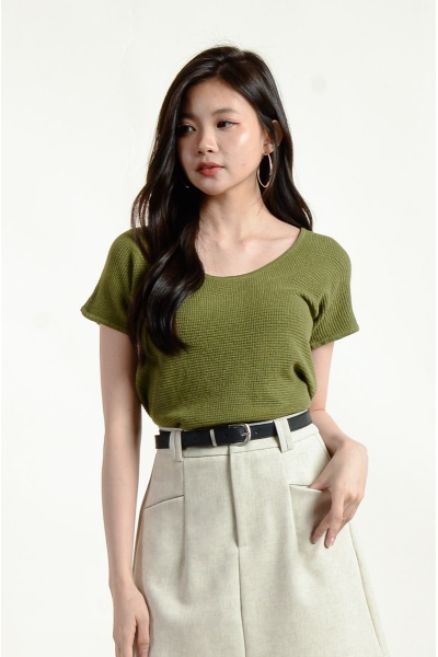 Amber Waffle Round Neck Top - Matcha