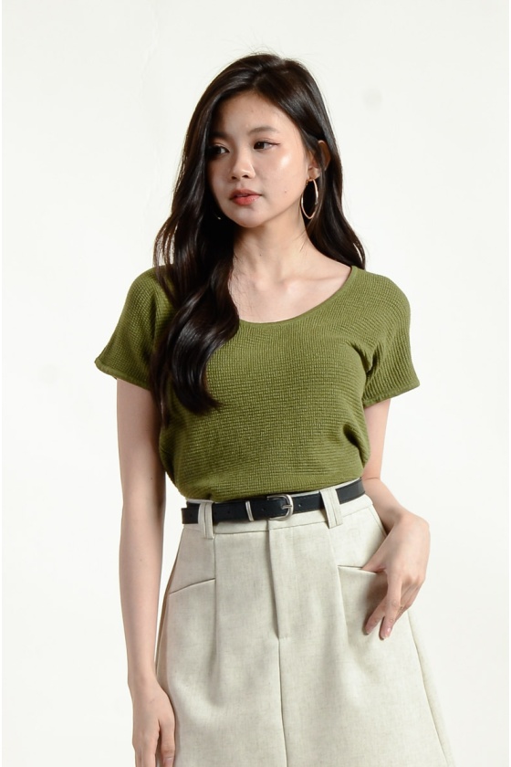 Amber Waffle Round Neck Top - Matcha