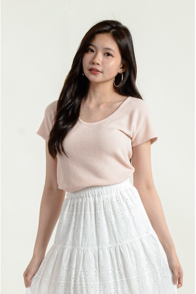 Amber Waffle Round Neck Top - Pink