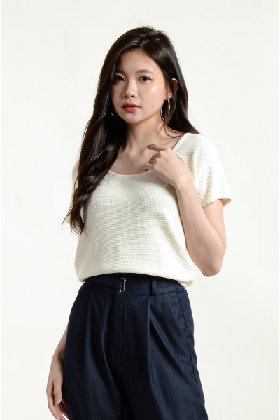 Amber Waffle Round Neck Top - Beige