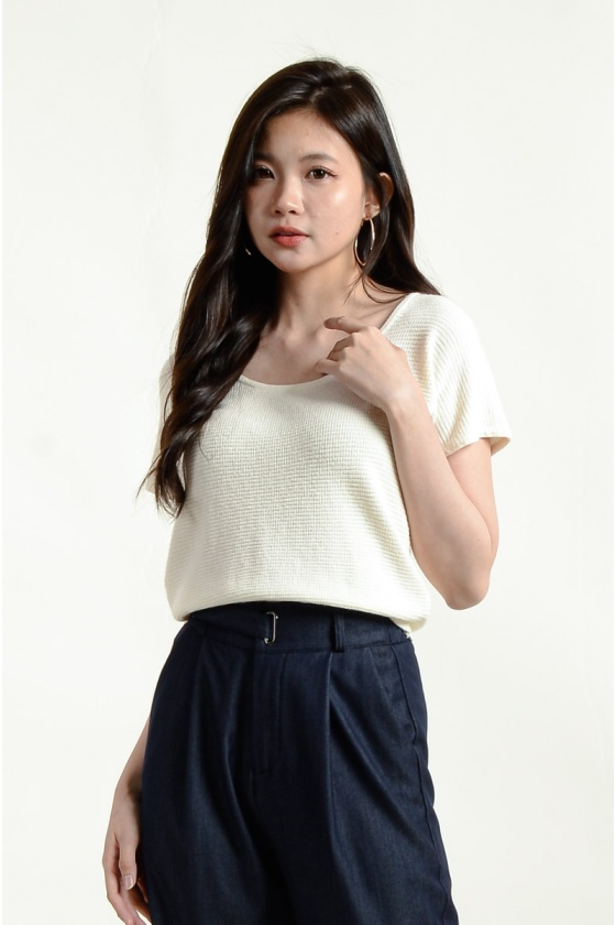 Amber Waffle Round Neck Top - Beige