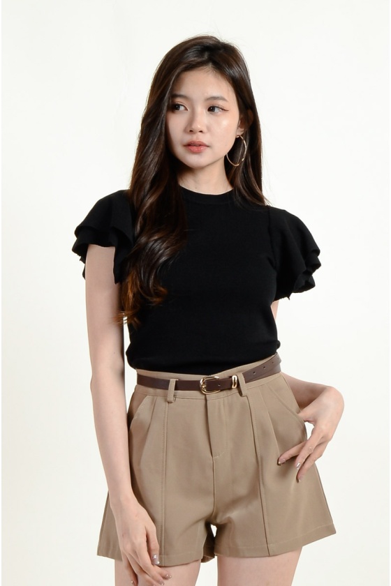 Emerie Flute Sleeve Knitted Top - Black