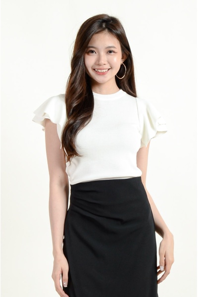 Emerie Flute Sleeve Knitted Top - White