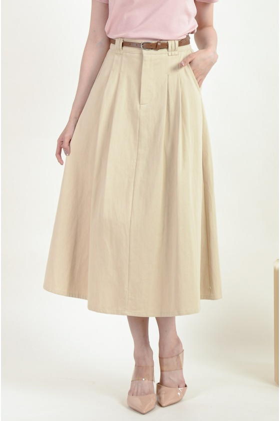 Reyna Belted Skater Midi Skirt - Khaki