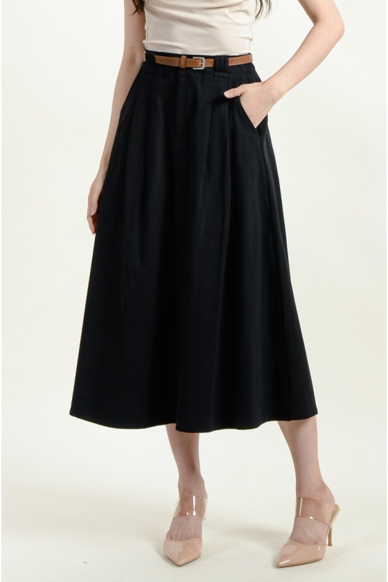 Reyna Belted Skater Midi Skirt - Black