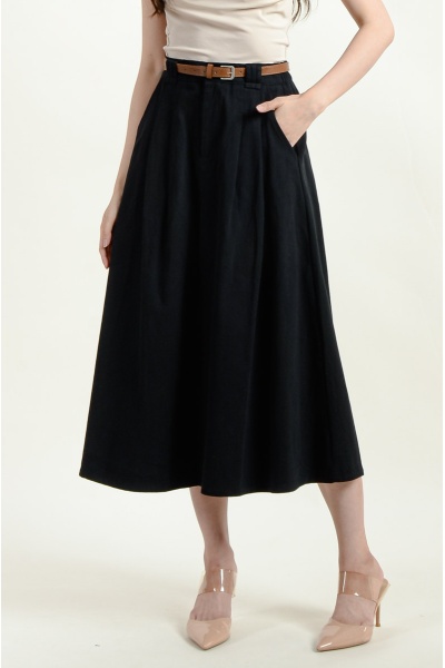 Reyna Belted Skater Midi Skirt - Black
