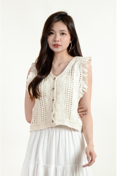Abby Crochet Ruffle Top - Beige