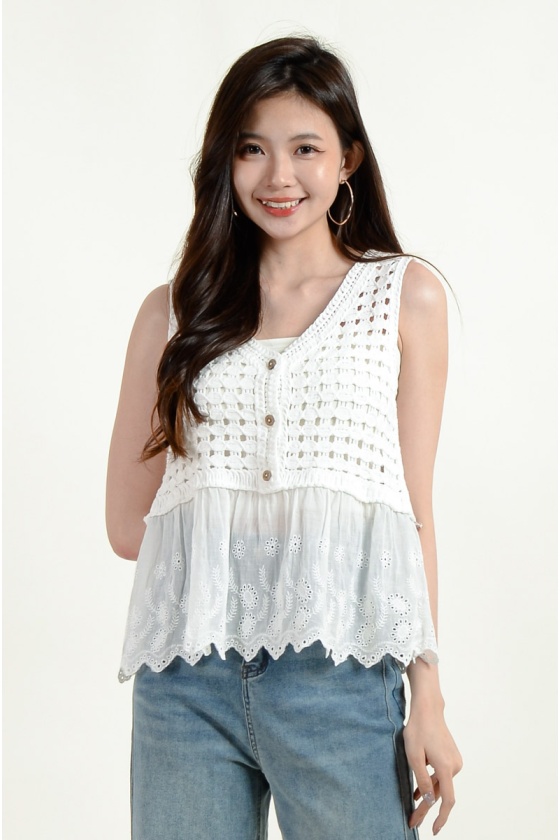 Alia Crochet Layered Top - White