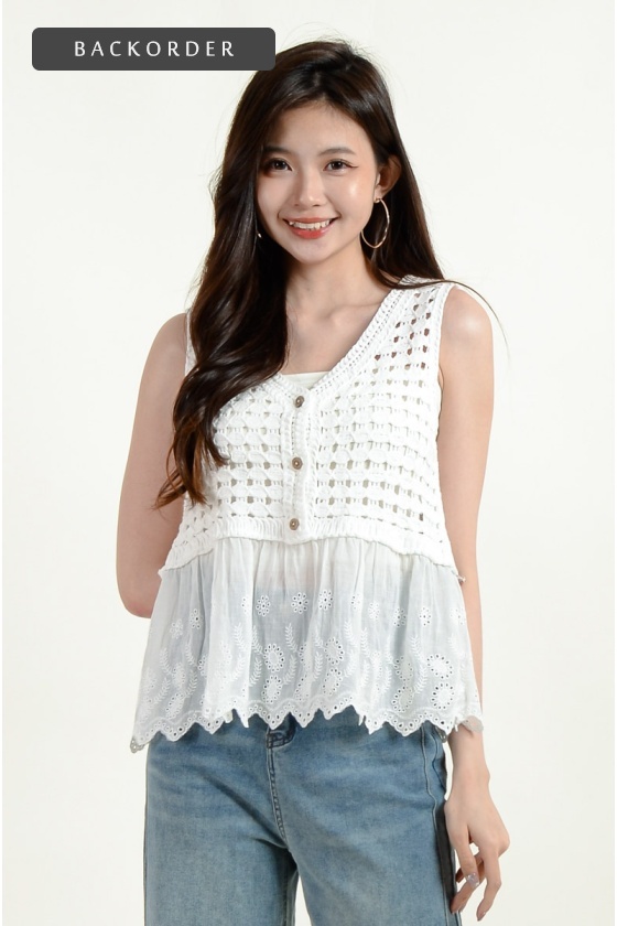 [BackOrder ETA 30 Apr] Alia Crochet Layered Top - White