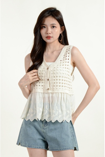 Alia Crochet Layered Top - Beige