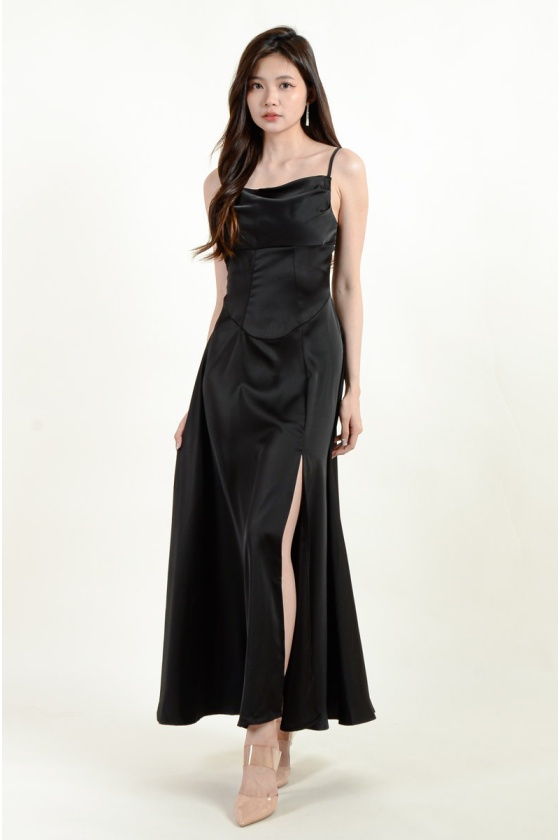 Lennox Cowl Neck Slit Dress - Black