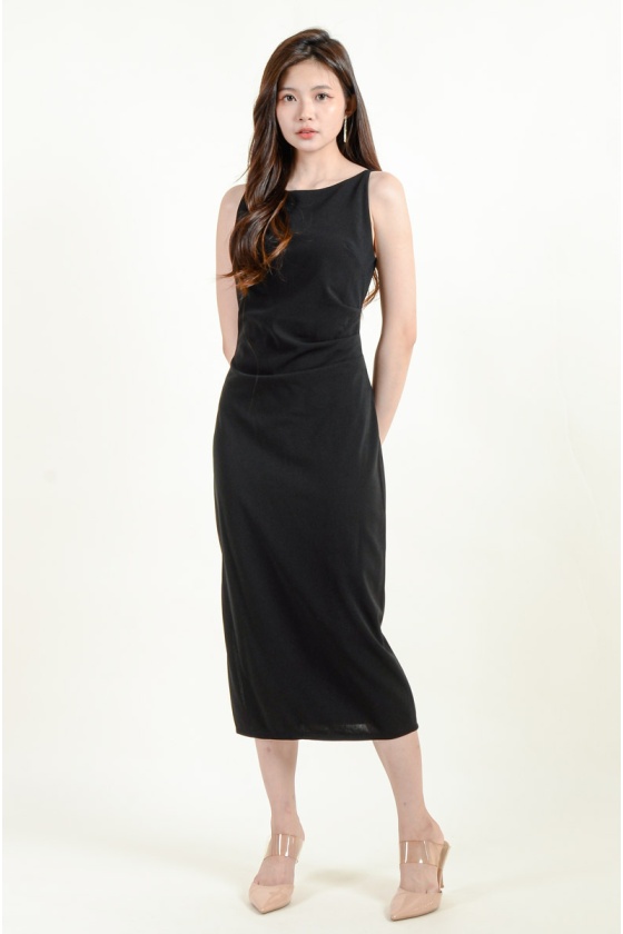 Zahra Side Slit Ruched Dress - Black
