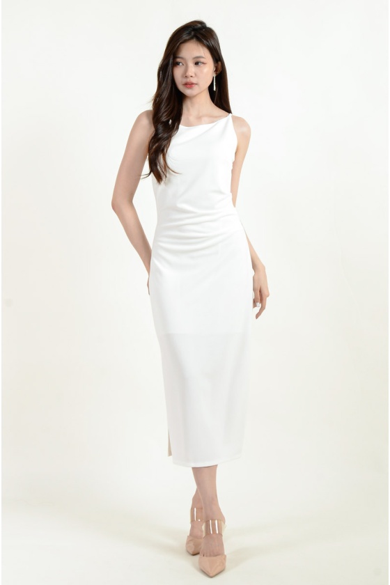 Zahra Side Slit Ruched Dress - White