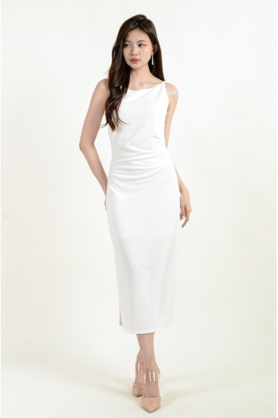 [BackOrder ETA 15 Jan] Zahra Side Slit Ruched Dress - White