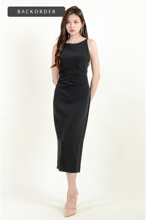 [BackOrder ETA 30 Apr] Jayleen Back Slit Ruched Dress - Black