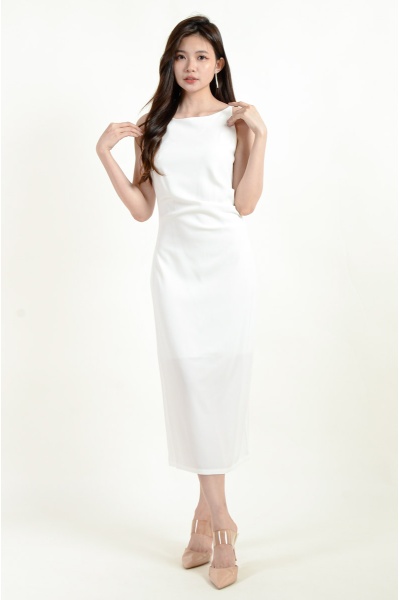 Jayleen Back Slit Ruched Dress - White
