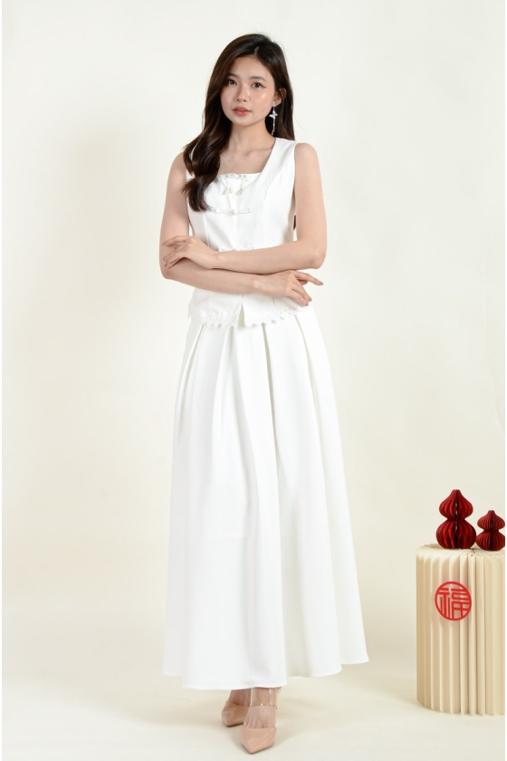 Sasha Cheongsam Top and Pleated Skirt Set - White