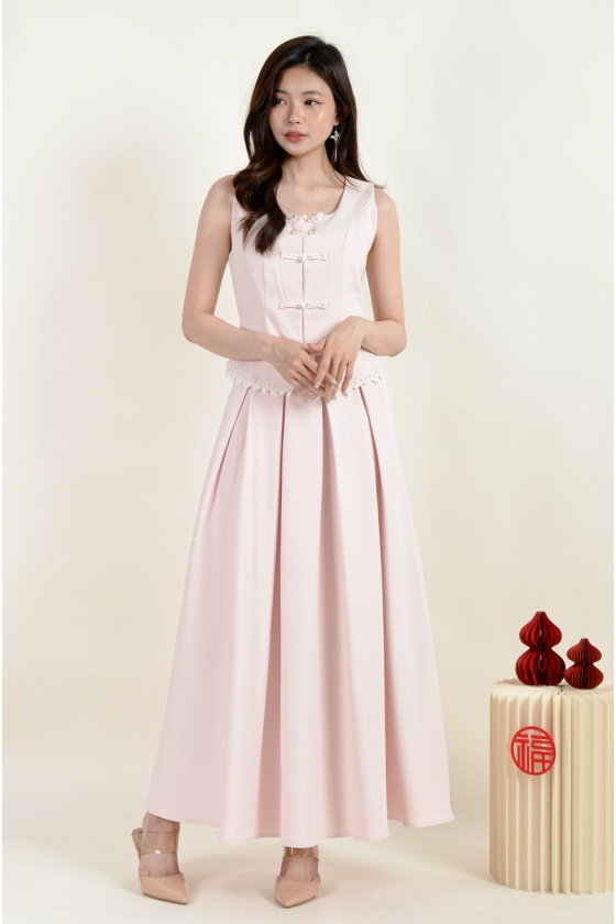 Sasha Cheongsam Top and Pleated Skirt Set - Pink