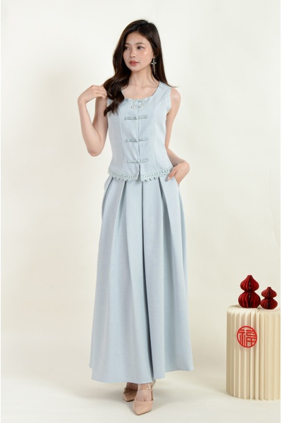 Sasha Cheongsam Top and Pleated Skirt Set - Baby Blue