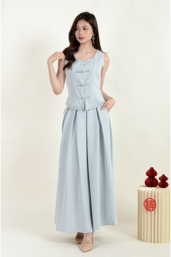 Sasha Cheongsam Top and Pleated Skirt Set - Baby Blue
