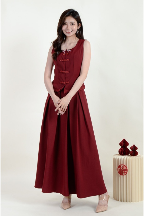 Sasha Cheongsam Top and Pleated Skirt Set - Wine