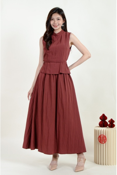 Melina Cheongsam Top and Skirt Set - Brick