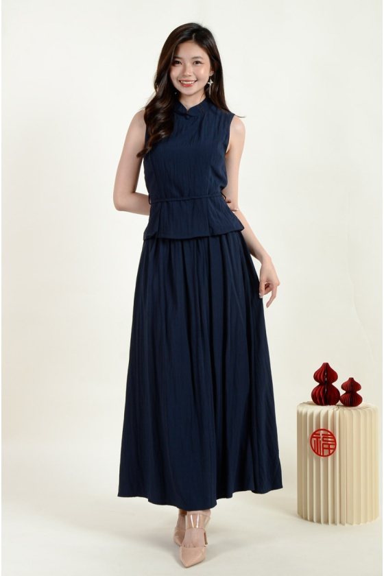 Melina Cheongsam Top and Skirt Set - Navy