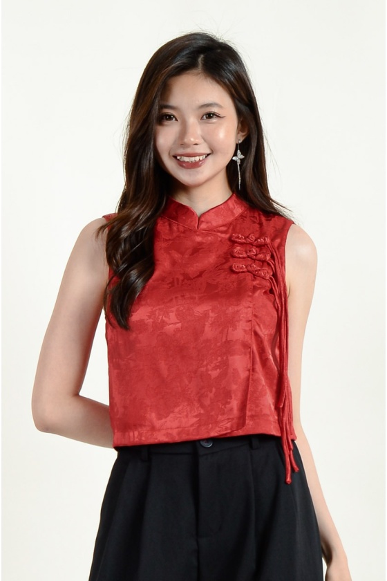 Capri Satin Cheongsam Top - Wine