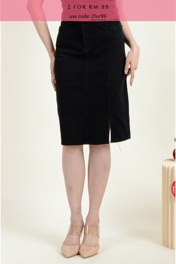 Coraline Slit Denim Skirt - Black